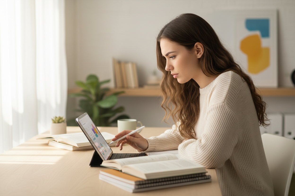 A beautiful girl studying with ipad