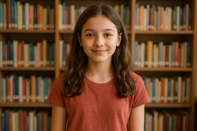 a beautiful young girl in front of book self