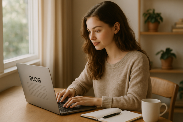 a beautiful young girl writing blog