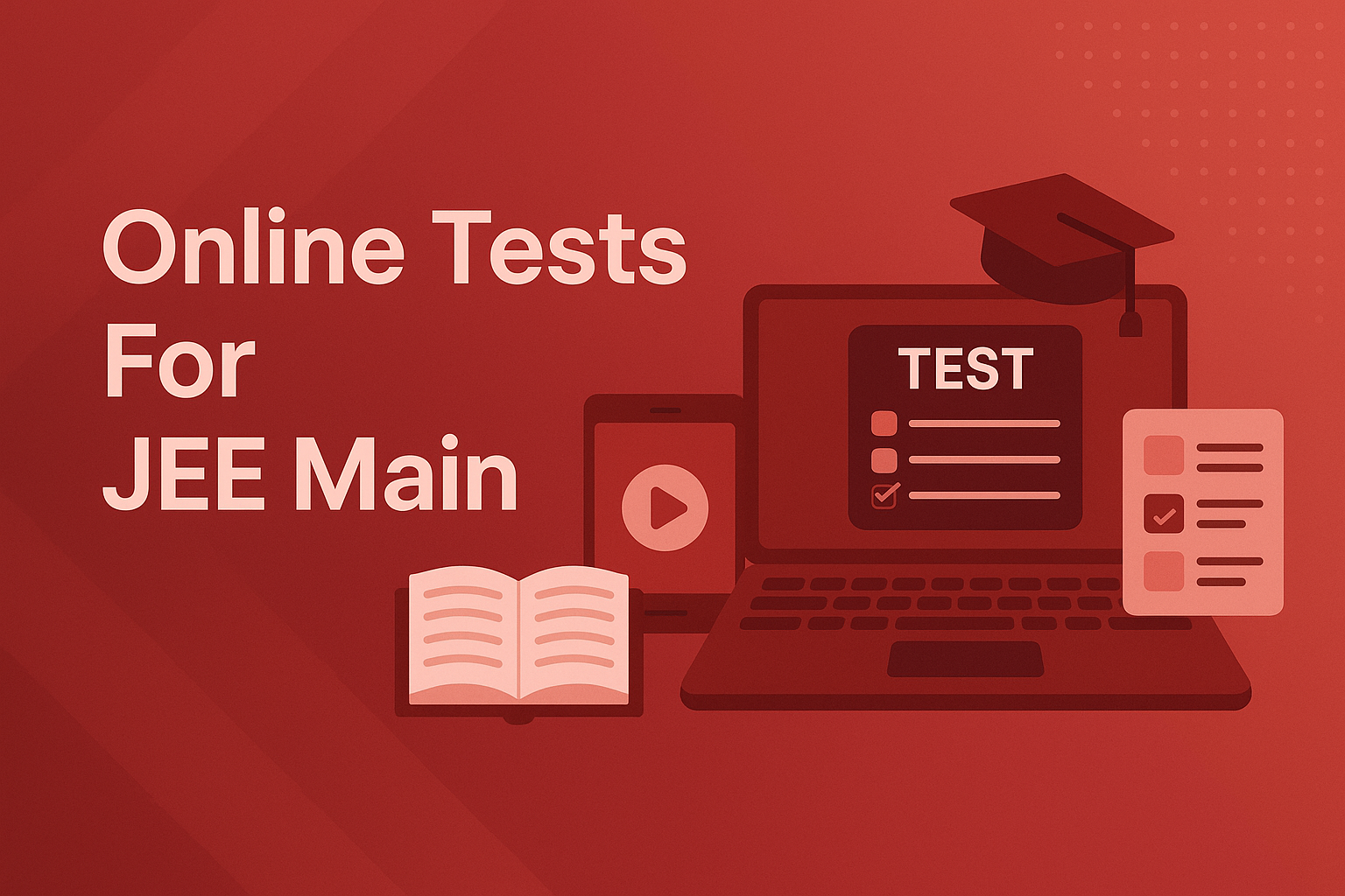 Online Test for JEE Main with laptop, graduation cap, open book, and checklist icons on red background