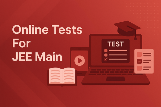 Online Test for JEE Main with laptop, graduation cap, open book, and checklist icons on red background